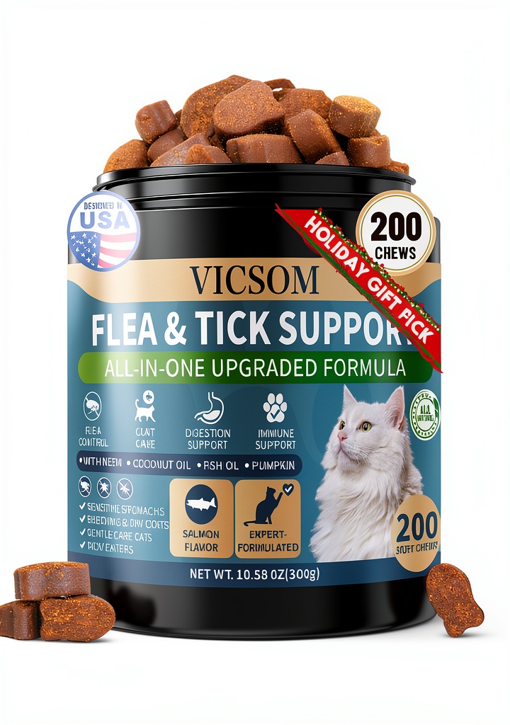 VICSOM cat flea chews bottle with salmon-flavored chews