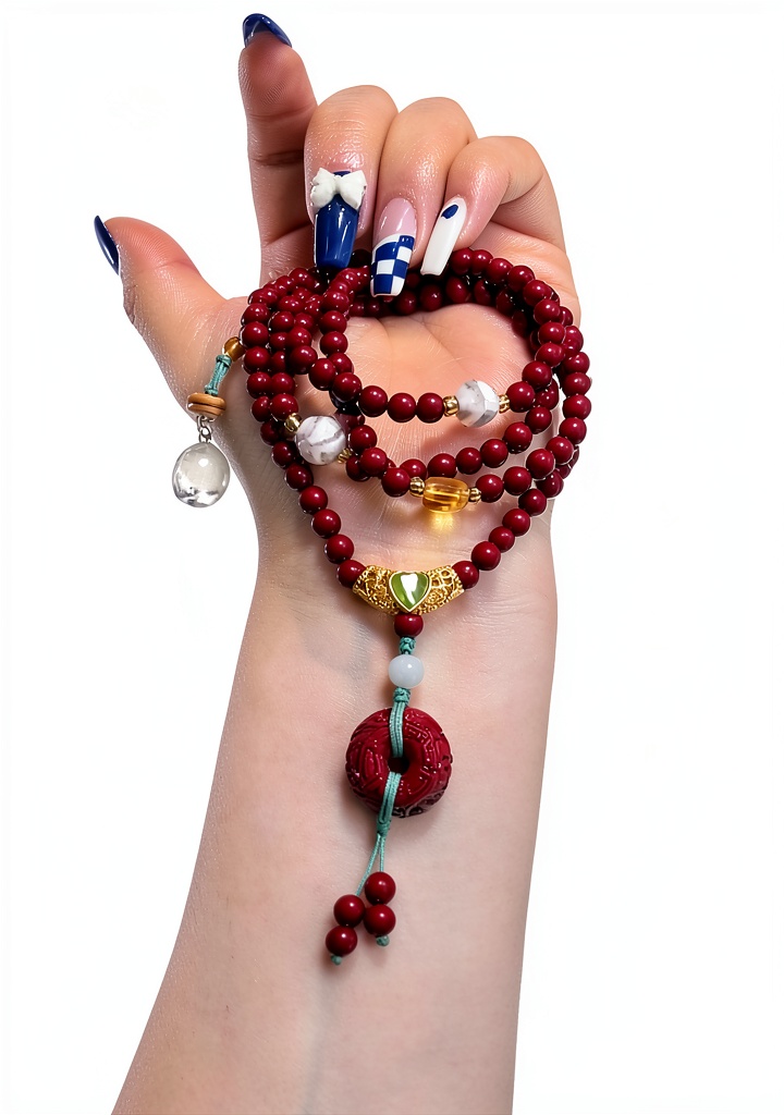 Close-up of the 10mm cinnabar bracelet showing the crown chakra pyramid design