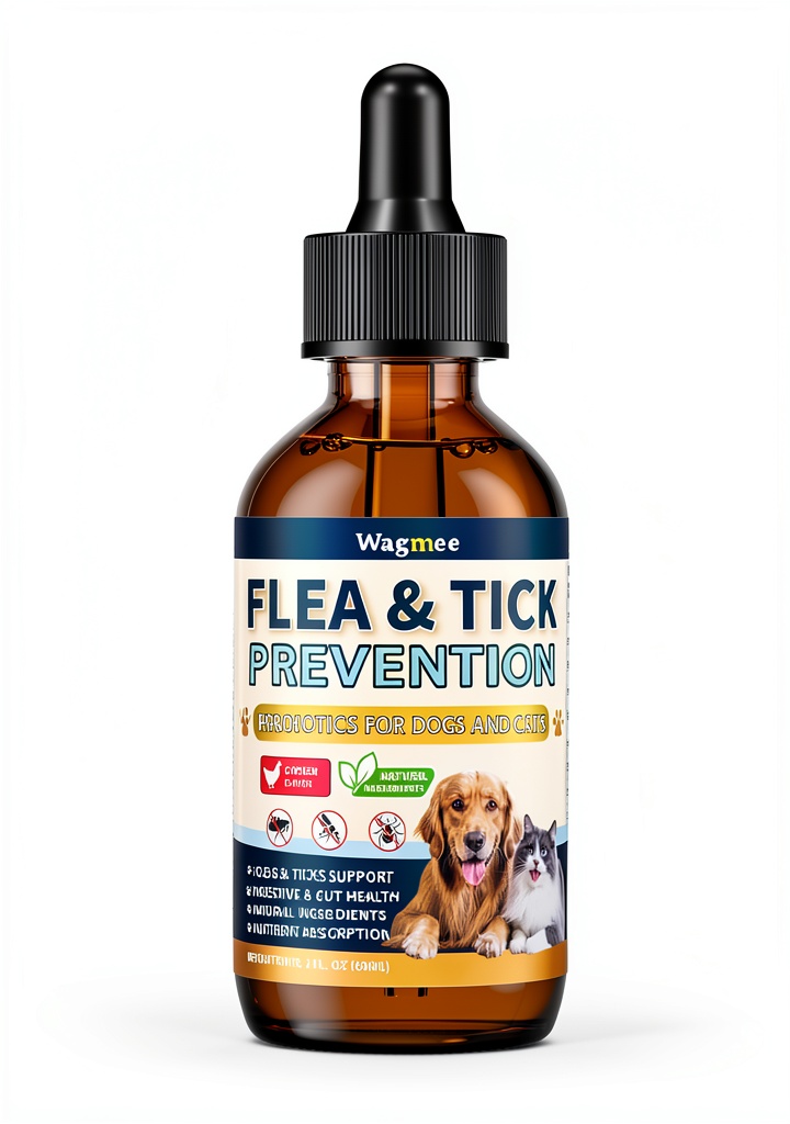 Wagmee Natural Flea Tick Drops bottle with chicken‑flavored drops on a kitchen counter
