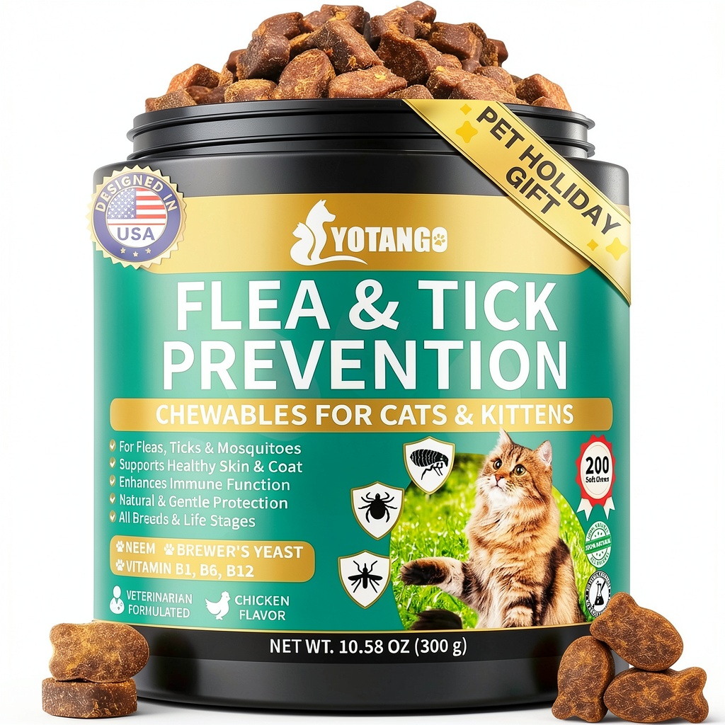 Close‑up of YOTANGO cat flea treatment chewable package on a kitchen countertop
