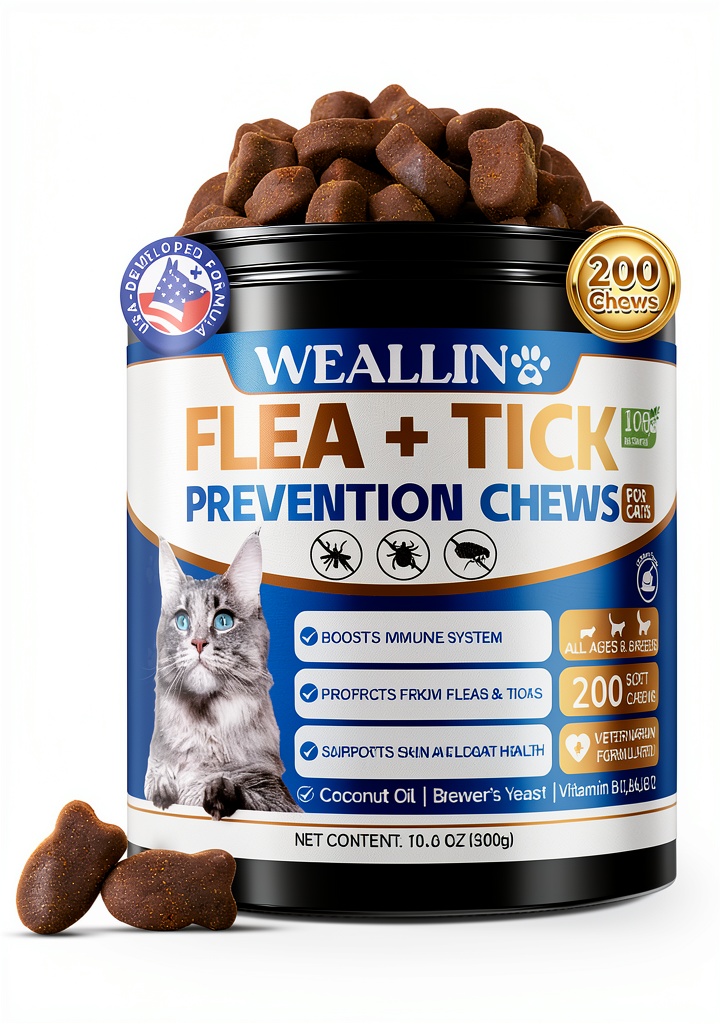 WEALLIN cat flea treatment chews package and ingredients