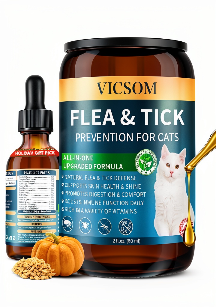 VICSOM cat flea drops bottle with dropper on a pet care background