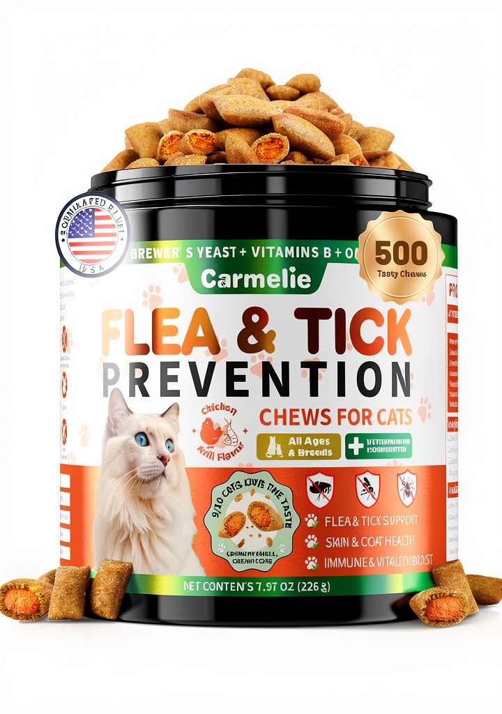 'Carmelie Cat Flea Chews jar with chews displayed'
