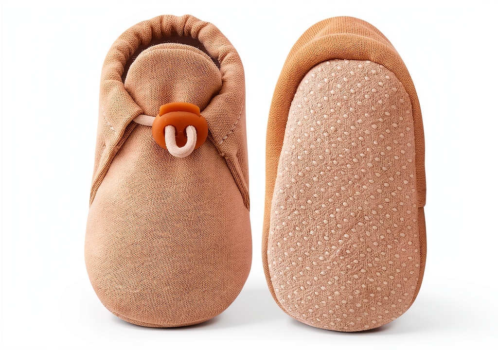 Baby wearing soft cotton booties playing on a rug